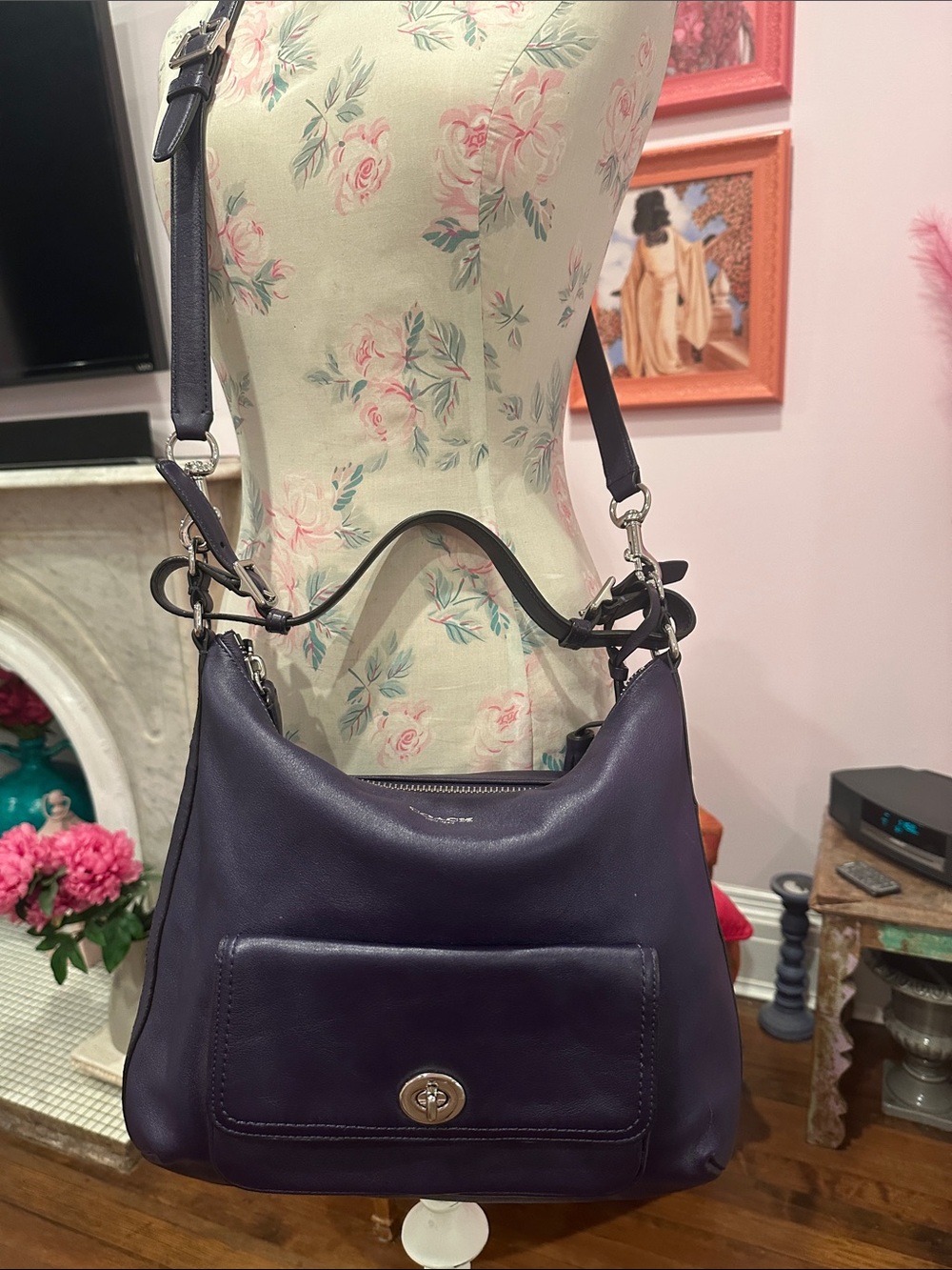 Coach Legacy Courtenay Purple Leather Shoulder Bag with Front Turn-Lock Pocket